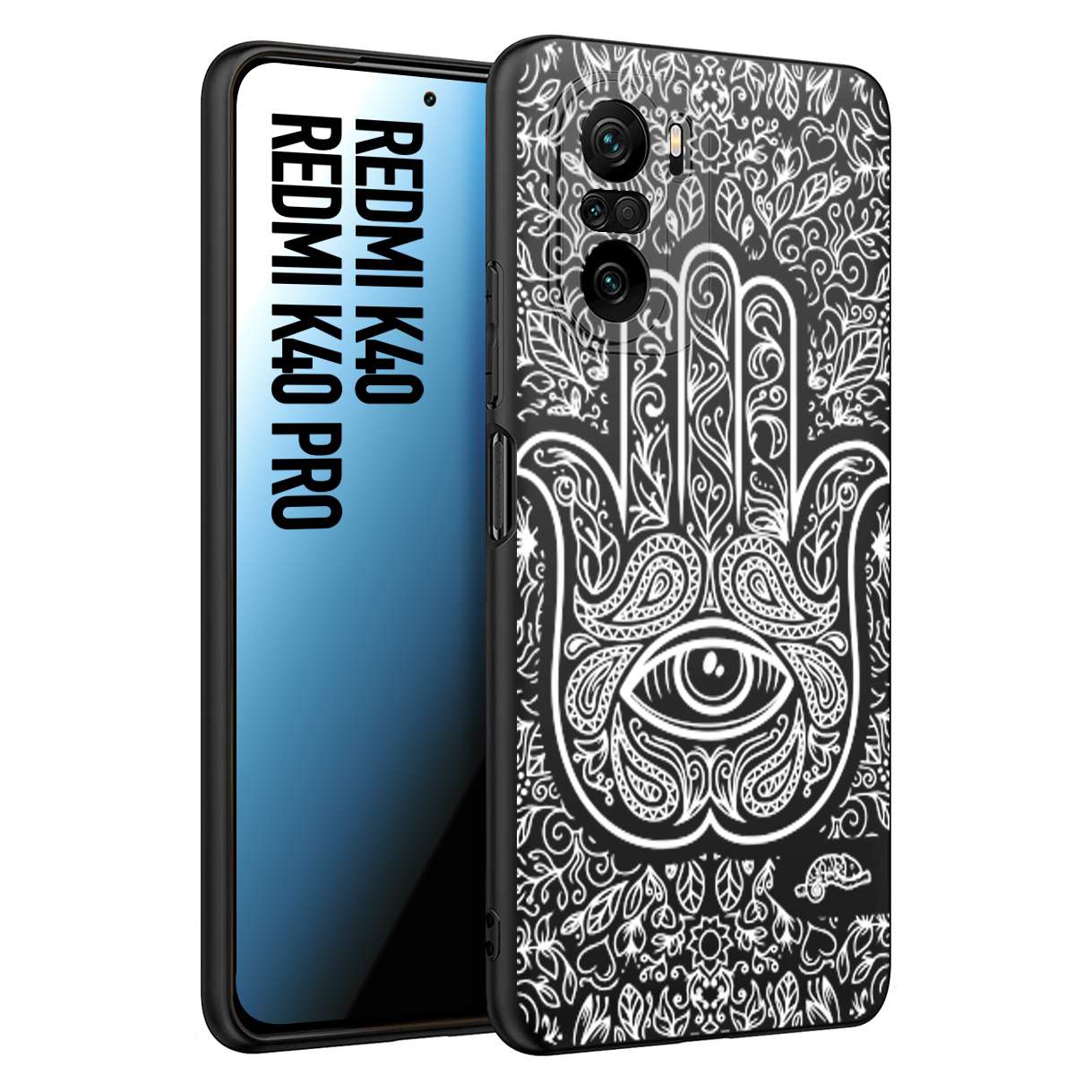 CUSTOMIZZA - Custodia cover nera morbida in tpu compatibile per Xiaomi Redmi K40 - K40 Pro mano di fatima effetto rilievo mandala donna
