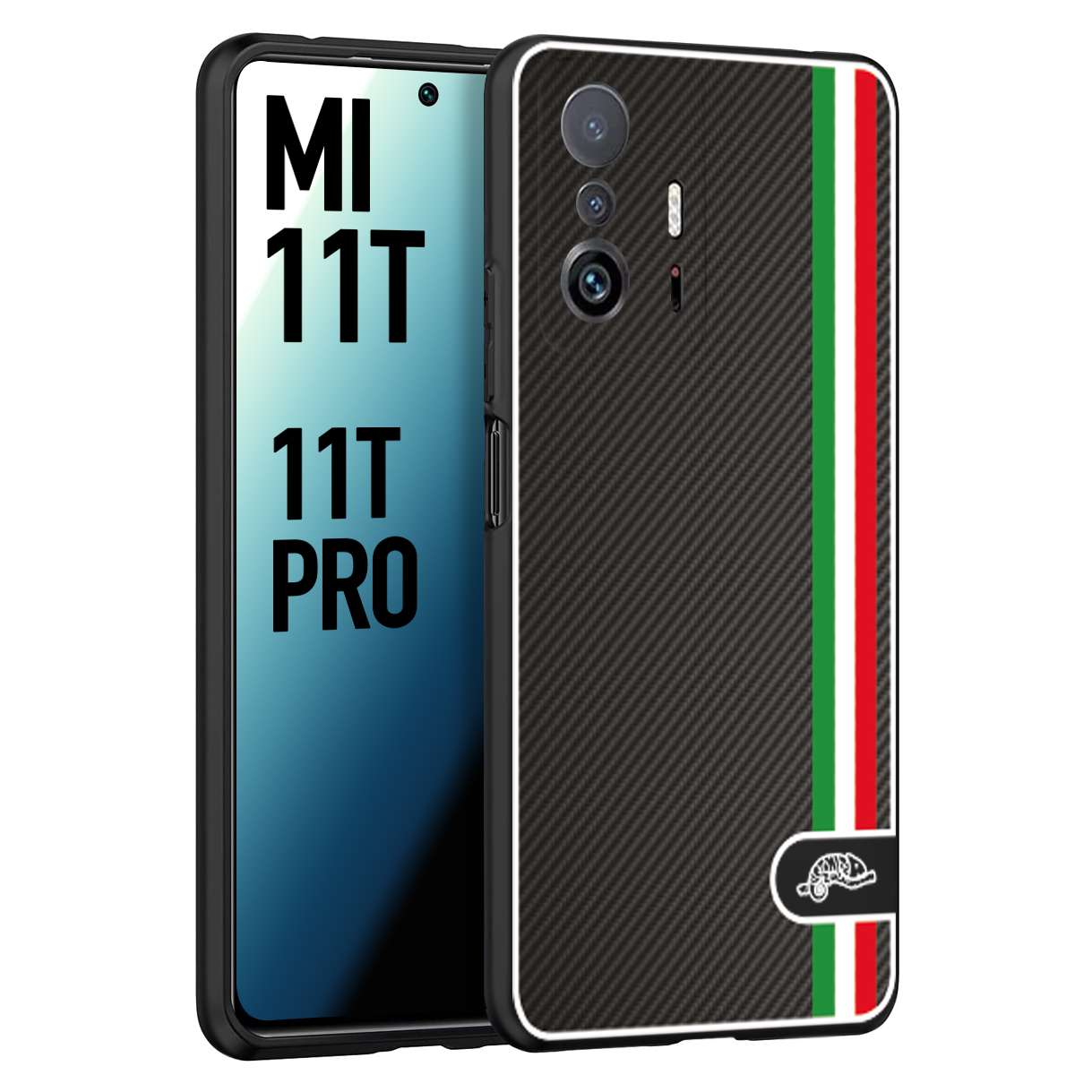 CUSTOMIZZA - Custodia cover nera morbida in tpu compatibile per Xiaomi Mi 11T - Mi 11T PRO effetto fibra di carbonio bandiera Italia made in Italy