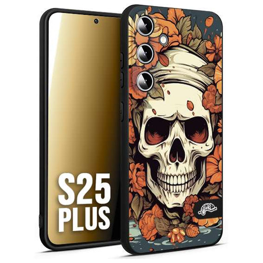 CUSTOMIZZA - Custodia cover nera morbida in tpu compatibile per Samsung S25 PLUS teschio skull flowers fiori tattoo disegnato alta definizione