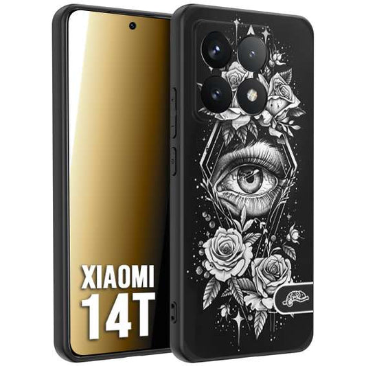 CUSTOMIZZA - Custodia cover nera morbida in tpu compatibile per Xiaomi 14T occhio fiori rombo geometrico black and white bianco a rilievo disegnato tattoo tatuaggio