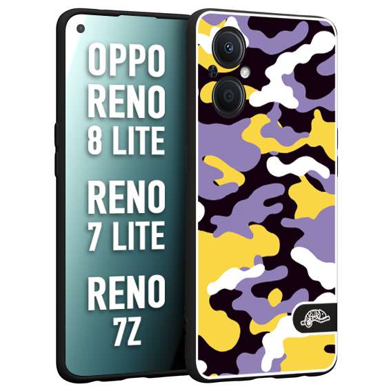 CUSTOMIZZA - Custodia cover nera morbida in tpu compatibile per Oppo Reno 7 Lite - 8 Lite - 7Z camouflage mimetico militare viola lilla giallo