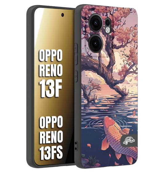 CUSTOMIZZA - Custodia cover nera morbida in tpu compatibile per Oppo Reno 13 F giapponese lago carpa koi rosa con foglie d'acero disegnata tattoo