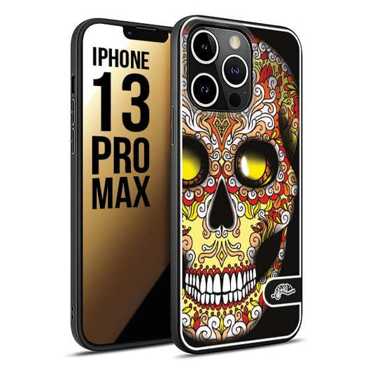 CUSTOMIZZA - Custodia cover nera morbida in tpu compatibile per iPhone 13 PRO MAX teschio messicano Mexican skull giallo rosso arancio