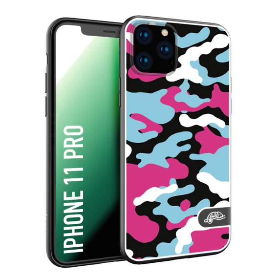 CUSTOMIZZA - Custodia cover nera morbida in tpu compatibile per iPhone 11 PRO camouflage mimetico militare fucsia celeste