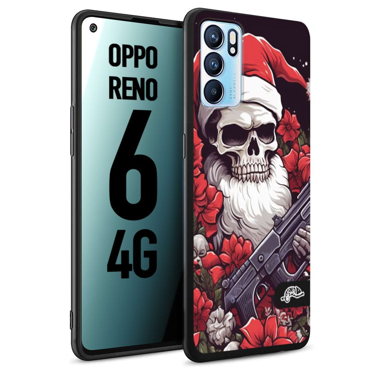 CUSTOMIZZA - Custodia cover nera morbida in tpu compatibile per Oppo Reno 6 4G teschio natale santa claus fiori tattoo disegnato