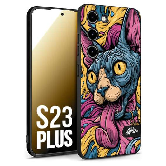 CUSTOMIZZA - Custodia cover nera morbida in tpu compatibile per Samsung S23 PLUS Sphynx Colorato Pop Art Psichedelico Gatto Blu Rosa Giallo Artistica Fantasy