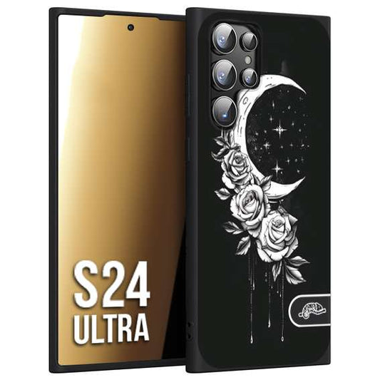 CUSTOMIZZA - Custodia cover nera morbida in tpu compatibile per Samsung S24 ULTRA luna e fiori moon flowers black and white bianco a rilievo disegnato tattoo tatuaggio