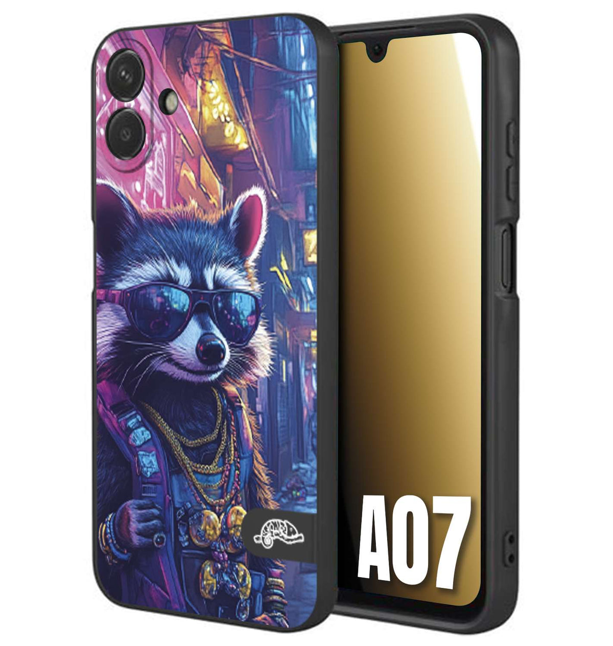 CUSTOMIZZA - Custodia cover nera morbida in tpu compatibile per Samsung A07 animali simpatici cyberpunk procione racoon street cat fucsia blu giallo