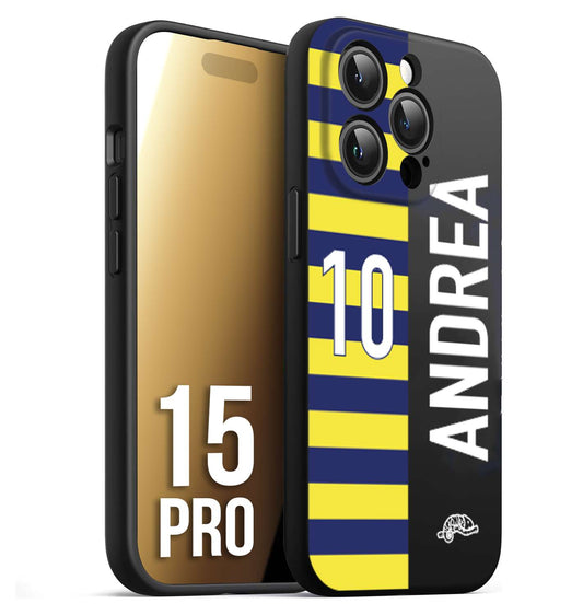 CUSTOMIZZA - Custodia cover nera morbida in tpu compatibile per iPhone 15 PRO personalizzata calcio football nome e numero calciatori giallo blu