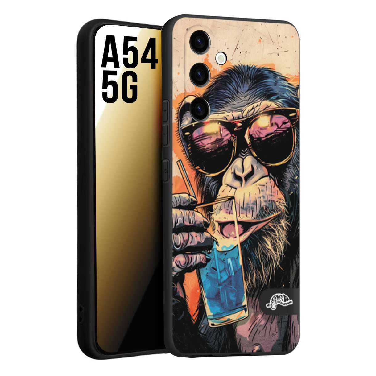 CUSTOMIZZA - Custodia cover nera morbida in tpu compatibile per Samsung A54 5G estate disegnata cocktails animali simpatici scimmia monkey negroni