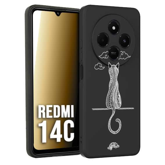 CUSTOMIZZA - Custodia cover nera morbida in tpu compatibile per Xiaomi Redmi 14C gatto mandala stilizzato gattino a rilievo soft touch donna bianca
