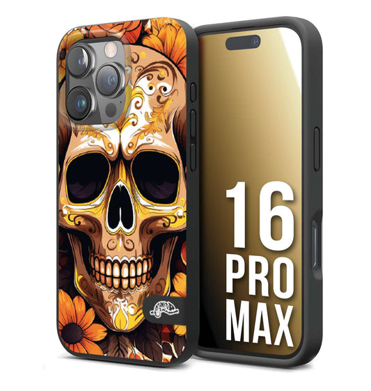 CUSTOMIZZA - Custodia cover nera morbida in tpu compatibile per iPhone 16 PRO MAX teschio messicano colorato dorato fiori tattoo disegnato