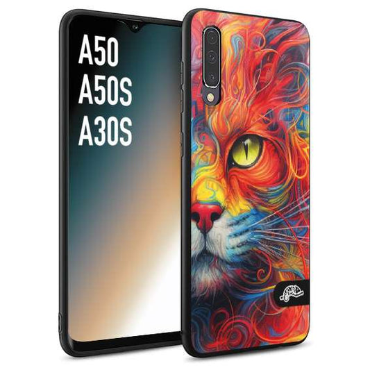 CUSTOMIZZA - Custodia cover nera morbida in tpu compatibile per Samsung A50 - A50S - A30S animali color cat gatto viso colori vibranti disegnato schizzo