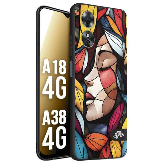 CUSTOMIZZA - Custodia cover nera morbida in tpu compatibile per Oppo A18 4G - A38 4G Vetrata artistica volto di donna profilo fogliare mosaico di vetro colorato