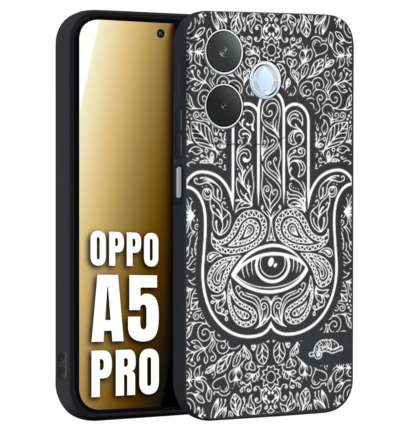 CUSTOMIZZA - Custodia cover nera morbida in tpu compatibile per Oppo A5 PRO mano di fatima effetto rilievo mandala donna