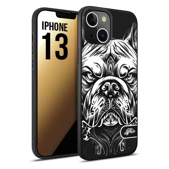 CUSTOMIZZA - Custodia cover nera morbida in tpu compatibile per iPhone 13 bulldog bianco a rilievo disegnato tattoo tatuaggio