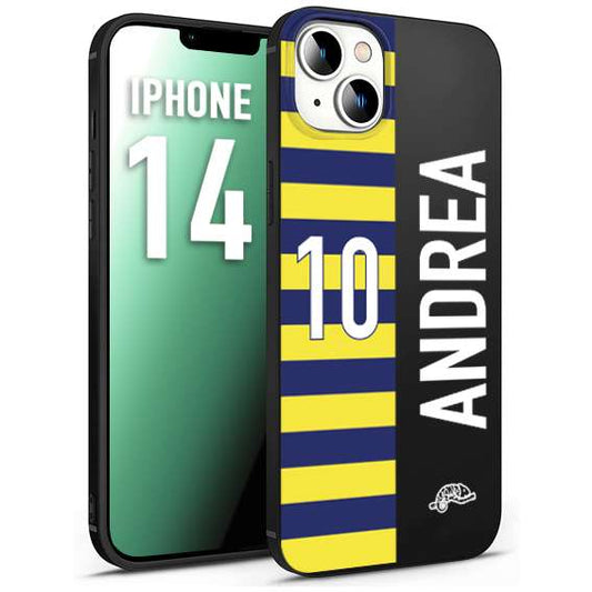 CUSTOMIZZA - Custodia cover nera morbida in tpu compatibile per iPhone 14 personalizzata calcio football nome e numero calciatori giallo blu