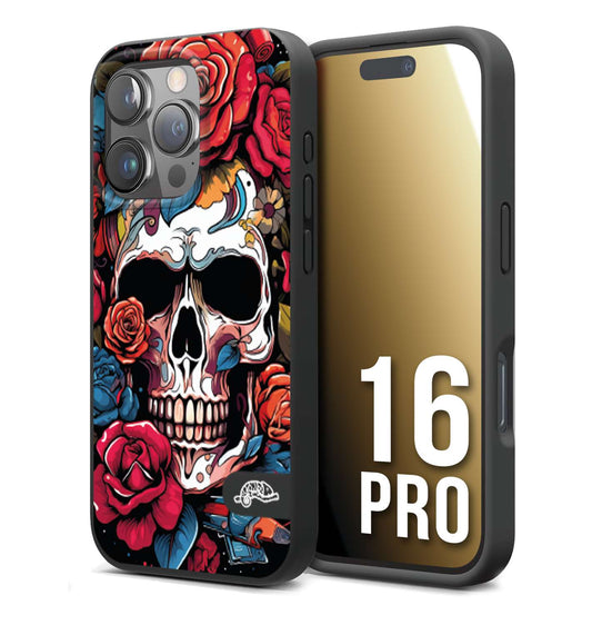 CUSTOMIZZA - Custodia cover nera morbida in tpu compatibile per iPhone 16 PRO teschio skull flowers fiori rose rosse tattoo disegnato