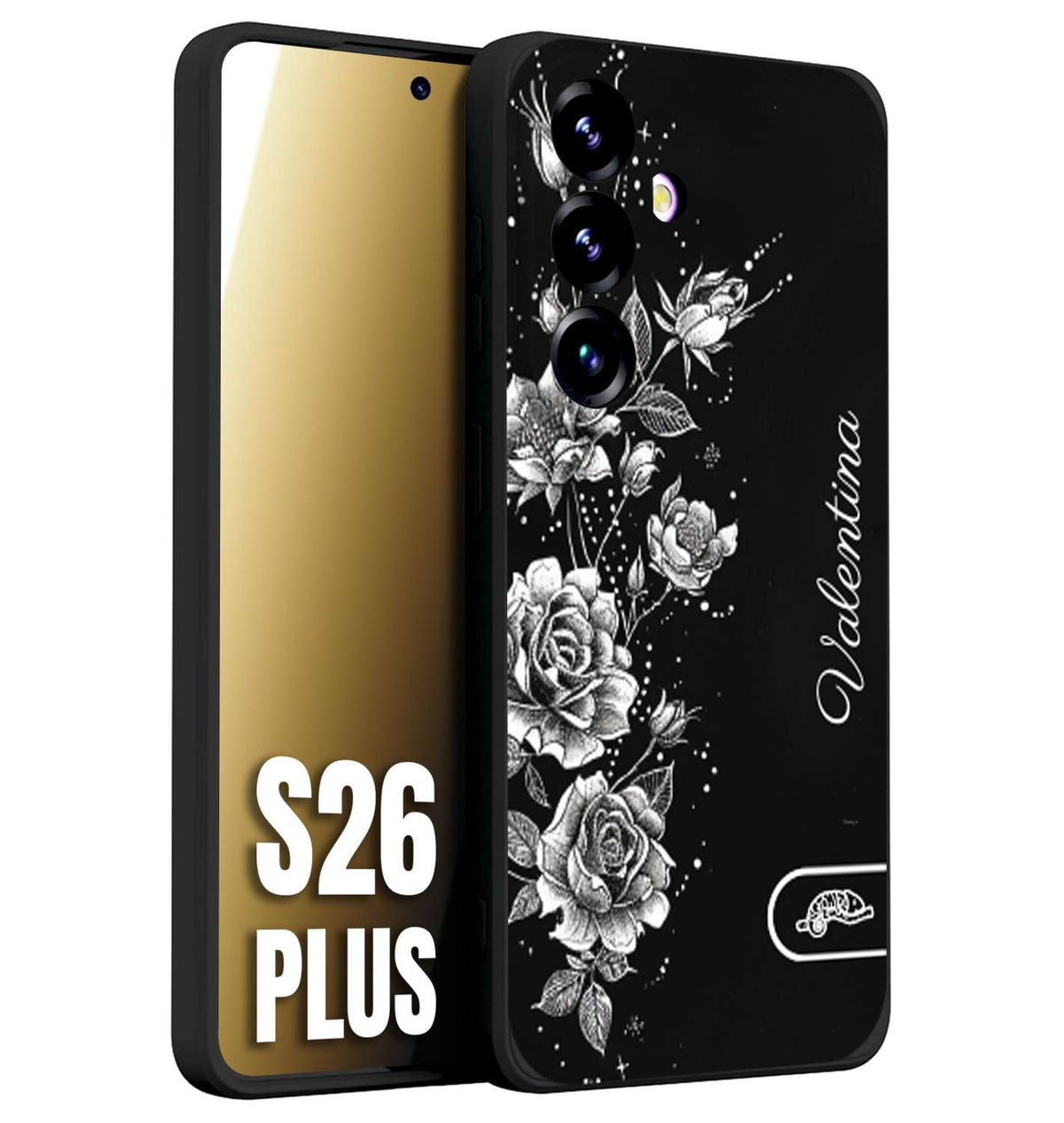 CUSTOMIZZA - Custodia cover nera morbida in tpu compatibile per Samsung S26 PLUS personalizzata rilievo soft touch nome rose fiori donna