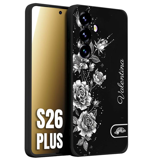 CUSTOMIZZA - Custodia cover nera morbida in tpu compatibile per Samsung S26 PLUS personalizzata rilievo soft touch nome rose fiori donna