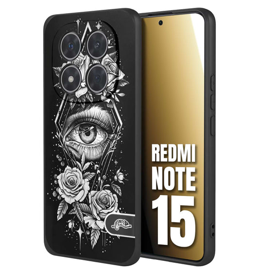 CUSTOMIZZA - Custodia cover nera morbida in tpu compatibile per Xiaomi Redmi Note 15 occhio fiori rombo geometrico black and white bianco a rilievo disegnato tattoo tatuaggio