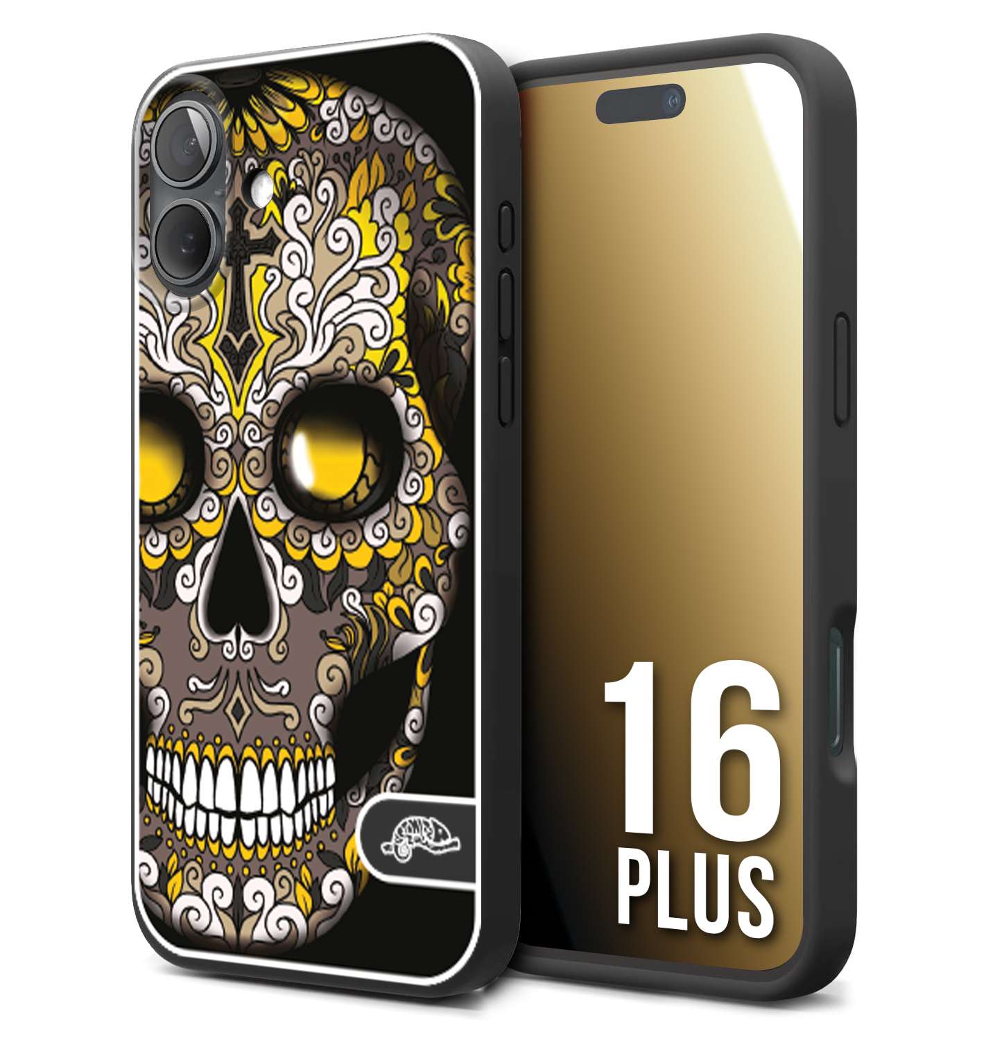 CUSTOMIZZA - Custodia cover nera morbida in tpu compatibile per iPhone 16 PLUS teschio messicano Mexican skull nero giallo