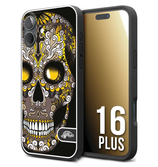 CUSTOMIZZA - Custodia cover nera morbida in tpu compatibile per iPhone 16 PLUS teschio messicano Mexican skull nero giallo