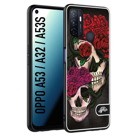 CUSTOMIZZA - Custodia cover nera morbida in tpu compatibile per Oppo A53 - A32 - A53S teschi e rose rosse fucsia skull and roses