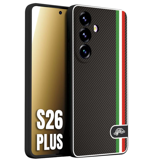 CUSTOMIZZA - Custodia cover nera morbida in tpu compatibile per Samsung S26 PLUS effetto fibra di carbonio bandiera Italia made in Italy