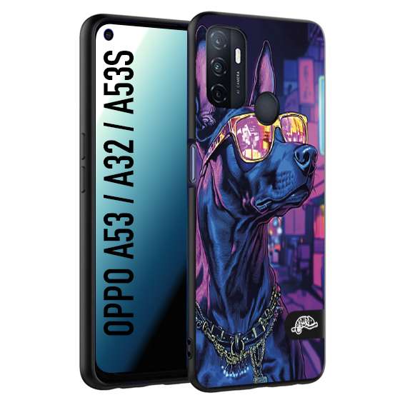 CUSTOMIZZA - Custodia cover nera morbida in tpu compatibile per Oppo A53 - A32 - A53S animali cyberpunk dobermann cane street dog fucsia blu night