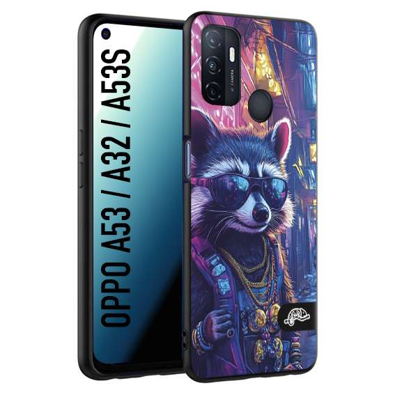 CUSTOMIZZA - Custodia cover nera morbida in tpu compatibile per Oppo A53 - A32 - A53S animali simpatici cyberpunk procione racoon street cat fucsia blu giallo