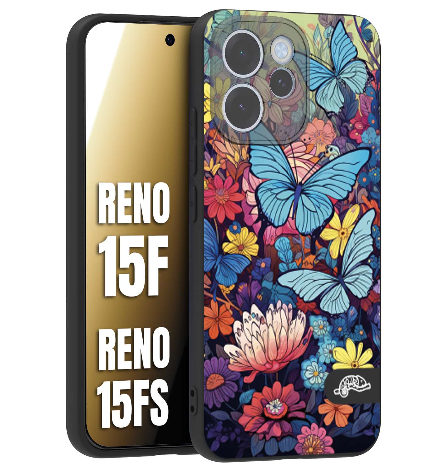 CUSTOMIZZA - Custodia cover nera morbida in tpu compatibile per Oppo Reno 15 F - Reno 15 FS farfalle butterfly moderno donna disegnate gialla blu rosa