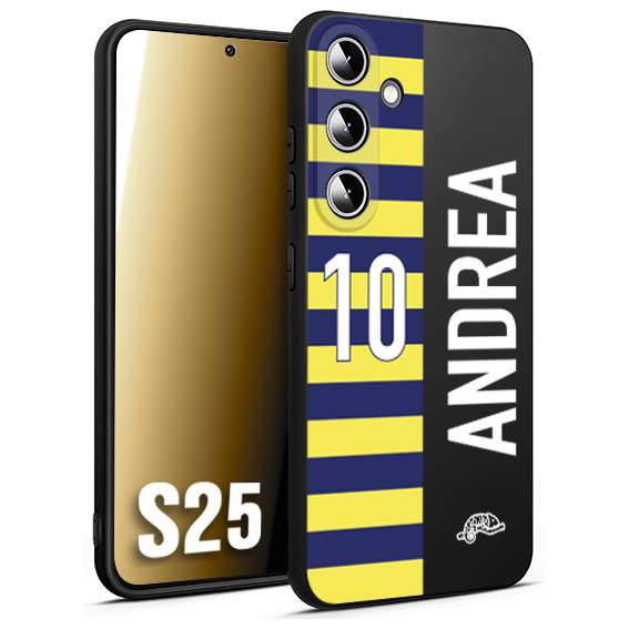 CUSTOMIZZA - Custodia cover nera morbida in tpu compatibile per Samsung S25 personalizzata calcio football nome e numero calciatori giallo blu