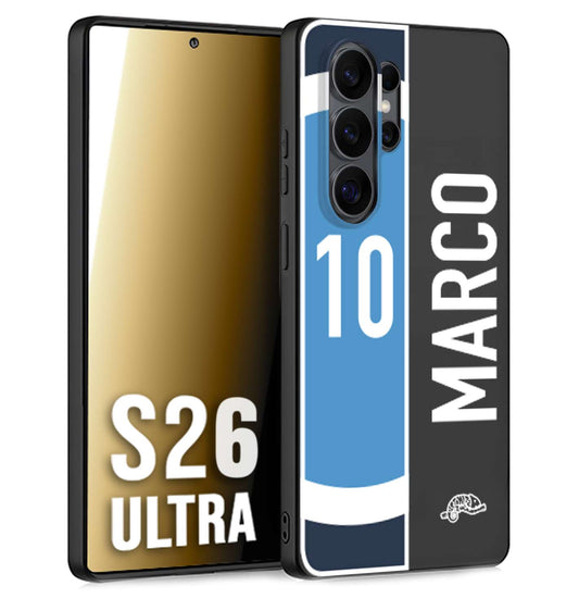 CUSTOMIZZA - Custodia cover nera morbida in tpu compatibile per Samsung S26 ULTRA personalizzata calcio football nome e numero calciatori biancoazzurri bianco celesti
