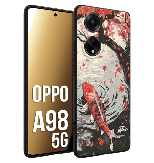 CUSTOMIZZA - Custodia cover nera morbida in tpu compatibile per Oppo A98 5G giapponese lago carpa koi rossa con foglie d'acero rosso disegnata tattoo