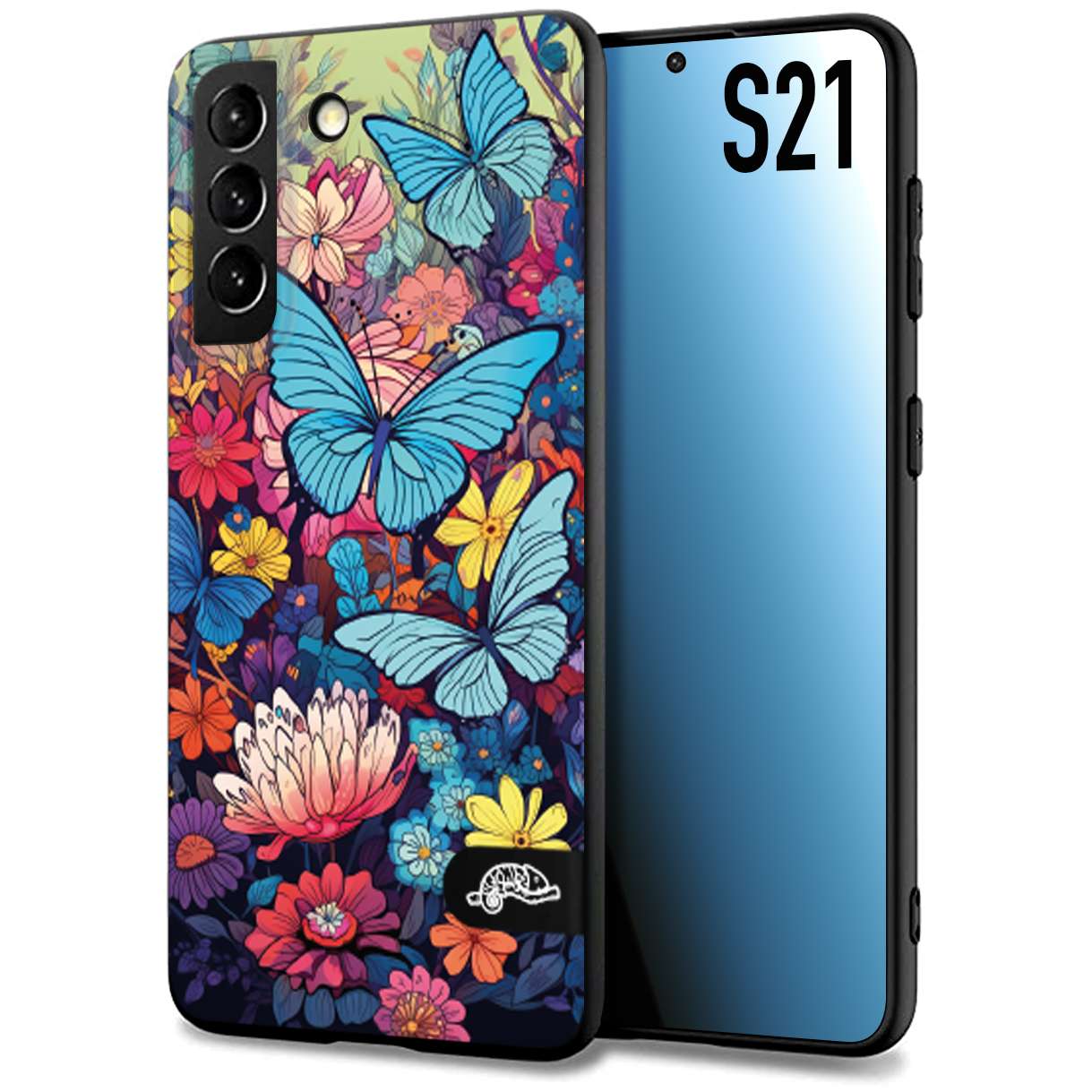 CUSTOMIZZA - Custodia cover nera morbida in tpu compatibile per Samsung S22 PLUS farfalle butterfly moderno donna disegnate gialla blu rosa