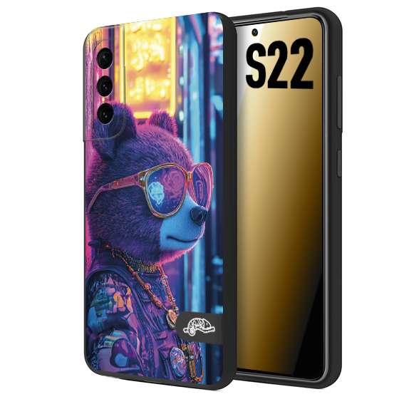 CUSTOMIZZA - Custodia cover nera morbida in tpu compatibile per Samsung S22 animali cyberpunk orsetto orso street bear fucsia blu night