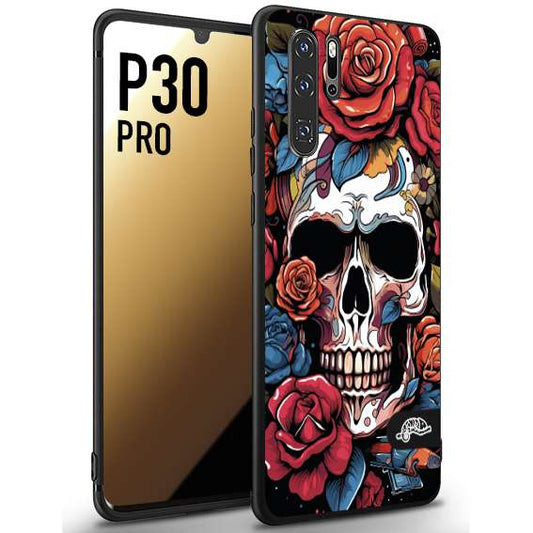 CUSTOMIZZA - Custodia cover nera morbida in tpu compatibile per Huawei P30 PRO teschio skull flowers fiori rose rosse tattoo disegnato
