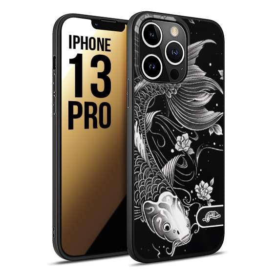 CUSTOMIZZA - Custodia cover nera morbida in tpu compatibile per iPhone 13 PRO carpa koi black and white bianco a rilievo disegnato tattoo tatuaggio