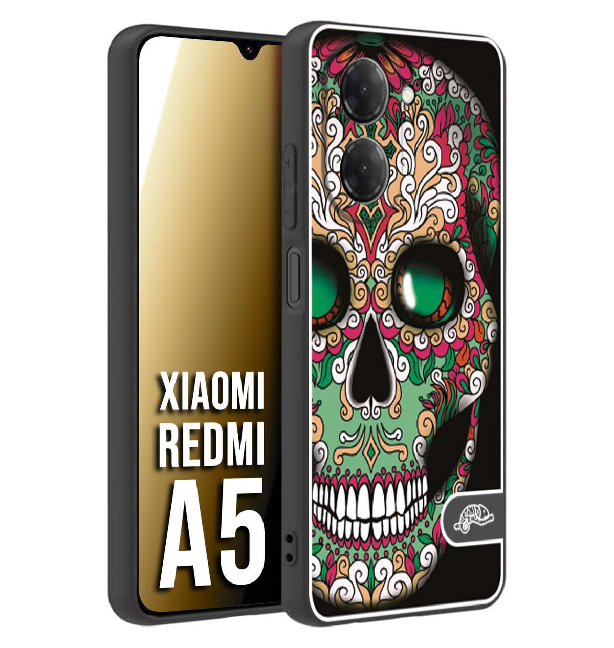 CUSTOMIZZA - Custodia cover nera morbida in tpu compatibile per Xiaomi Redmi A5 teschio messicano Mexican skull verde fucsia