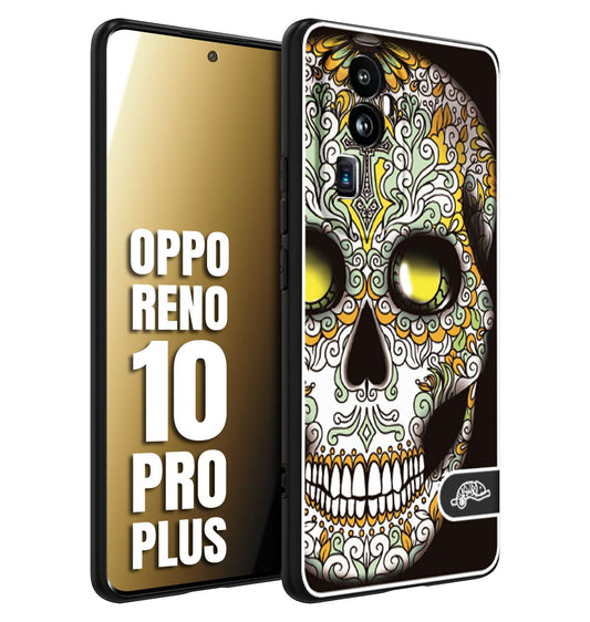 CUSTOMIZZA - Custodia cover nera morbida in tpu compatibile per Oppo Reno 10 PRO PLUS teschio messicano Mexican skull bianco verde giallo