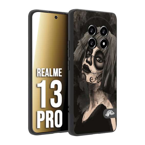 CUSTOMIZZA - Custodia cover nera morbida in tpu compatibile per Realme 13 PRO chicana messicana dea de la muerte donna santa tattoo disegnata