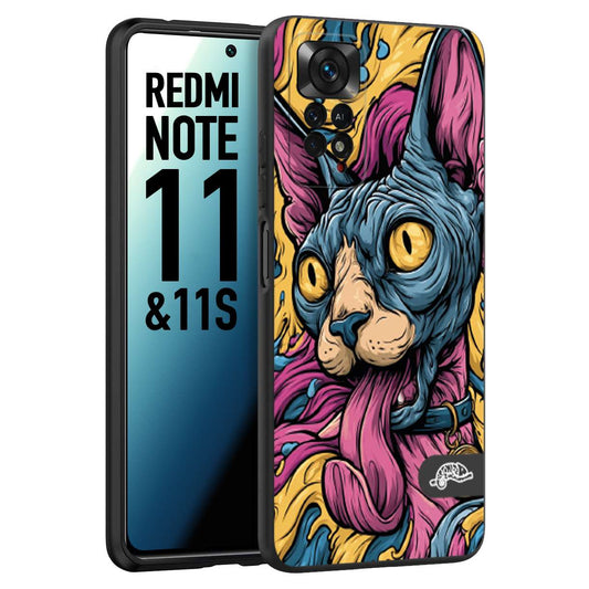 CUSTOMIZZA - Custodia cover nera morbida in tpu compatibile per Xiaomi Redmi Note 11 -  Note 11S Sphynx Colorato Pop Art Psichedelico Gatto Blu Rosa Giallo Artistica Fantasy