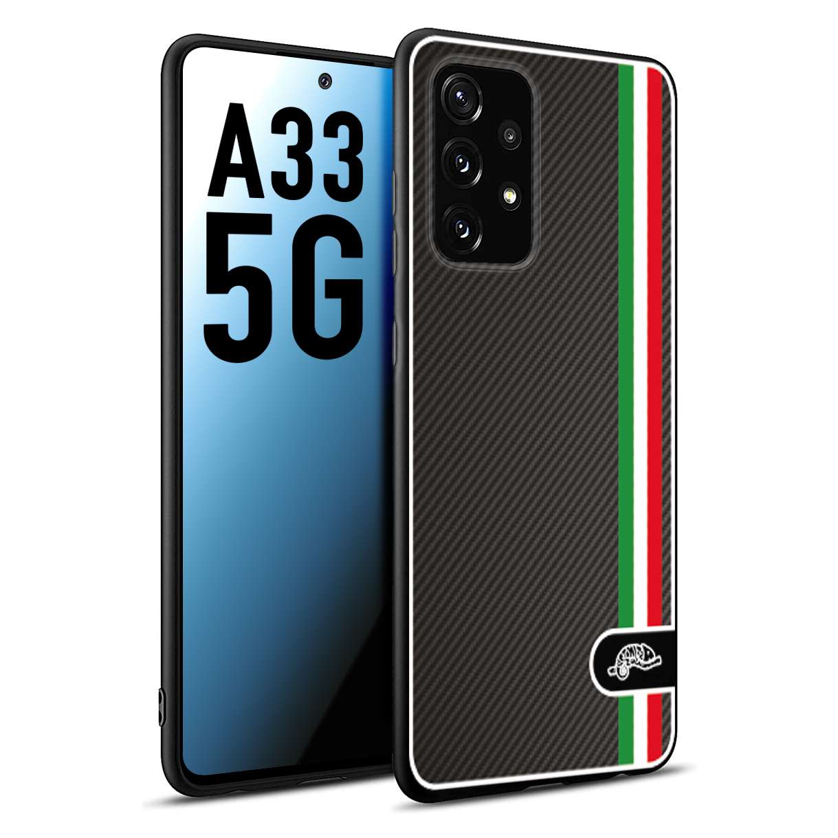 CUSTOMIZZA - Custodia cover nera morbida in tpu compatibile per Samsung A33 5G effetto fibra di carbonio bandiera Italia made in Italy