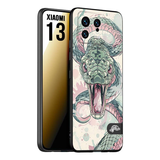 CUSTOMIZZA - Custodia cover nera morbida in tpu compatibile per Xiaomi 13 snake pink green serpente tatuaggio tattoo disegnato a mano