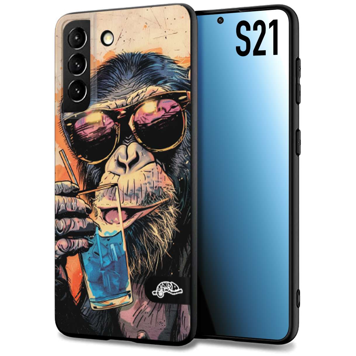 CUSTOMIZZA - Custodia cover nera morbida in tpu compatibile per Samsung S21 estate disegnata cocktails animali simpatici scimmia monkey negroni