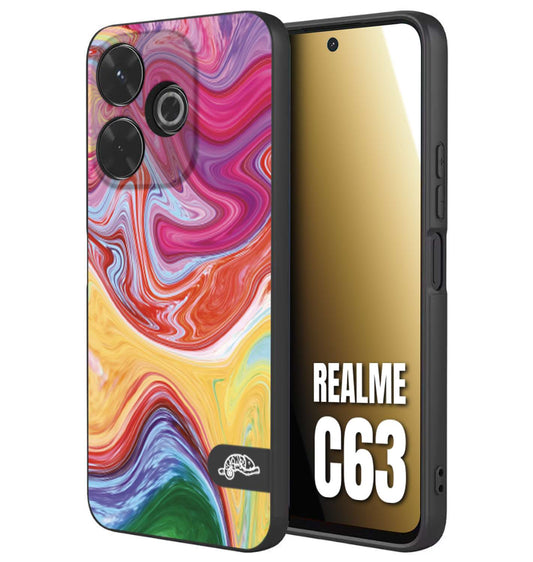 CUSTOMIZZA - Custodia cover nera morbida in tpu compatibile per Realme C63 colorata fantasia vortice marmo onde verde fucsia gialla