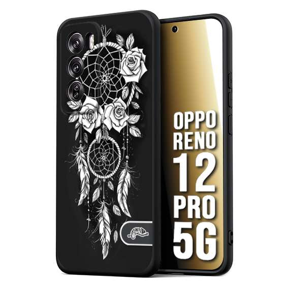 CUSTOMIZZA - Custodia cover nera morbida in tpu compatibile per Oppo Reno 12 PRO 5G acchiappasogni dreamcatcher black and white bianco a rilievo disegnato tattoo tatuaggio