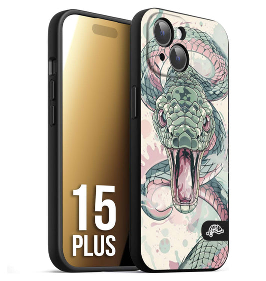 CUSTOMIZZA - Custodia cover nera morbida in tpu compatibile per iPhone 15 PLUS snake pink green serpente tatuaggio tattoo disegnato a mano