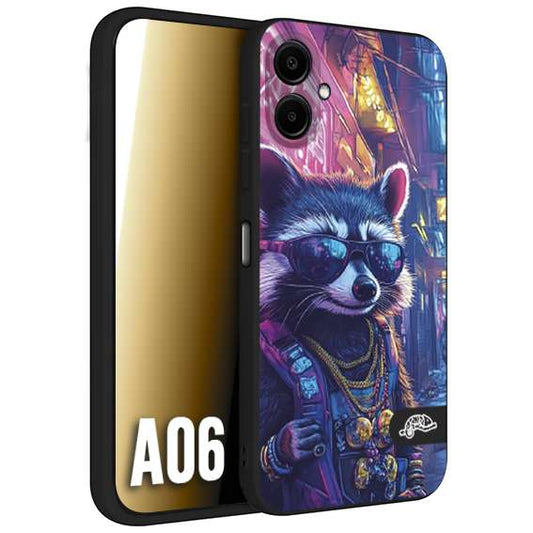 CUSTOMIZZA - Custodia cover nera morbida in tpu compatibile per Samsung A06 animali simpatici cyberpunk procione racoon street cat fucsia blu giallo